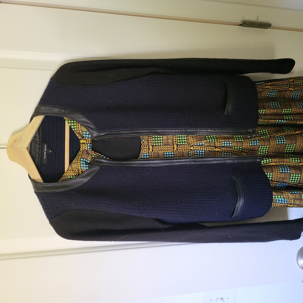Nanette Lepore navy blue wool blend sweater jacket black leather trim